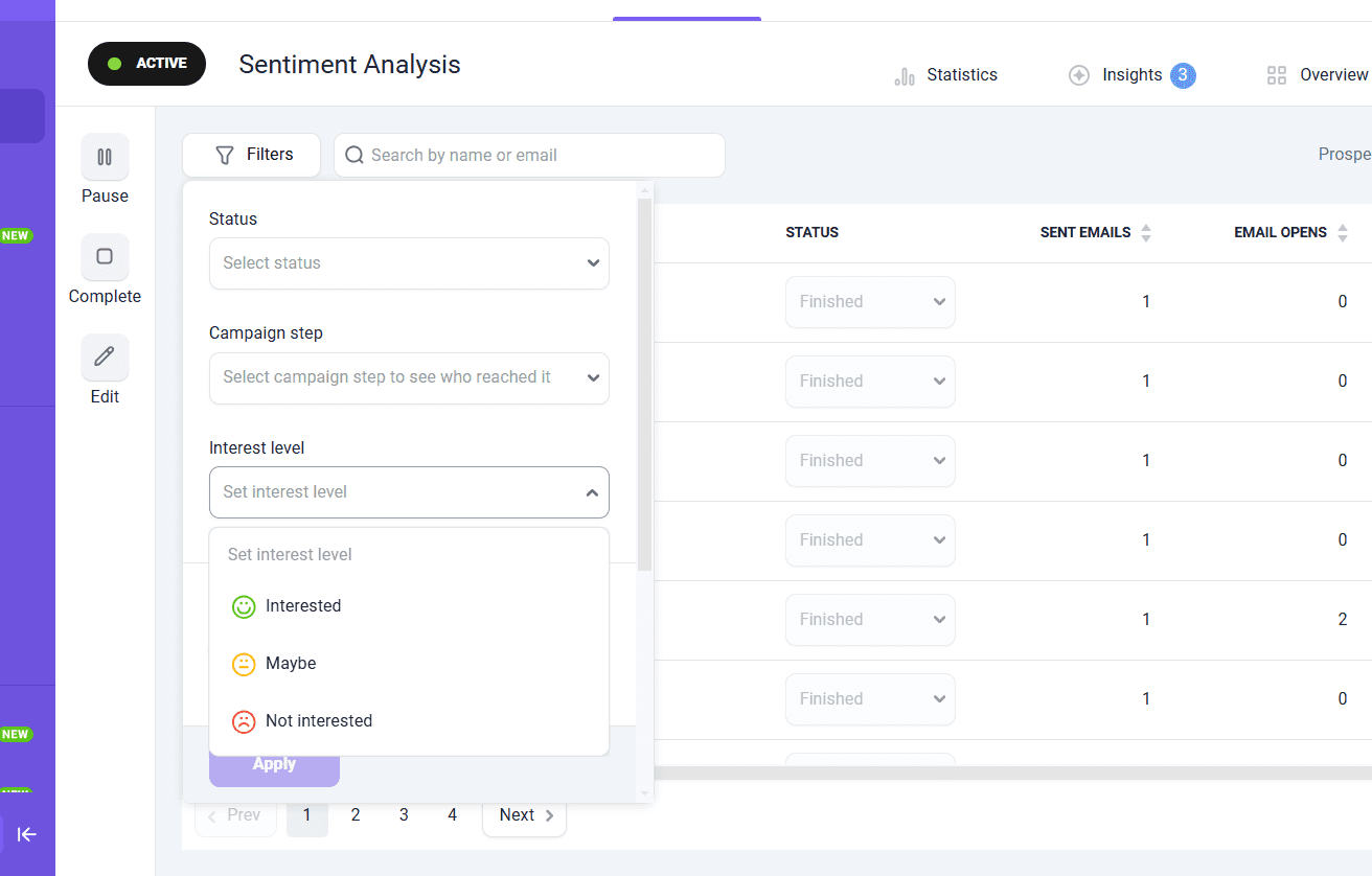通过 Snov.io 的情绪分析工具，你可以分析潜在客户的行为表现，判断其对你产品的兴趣程度