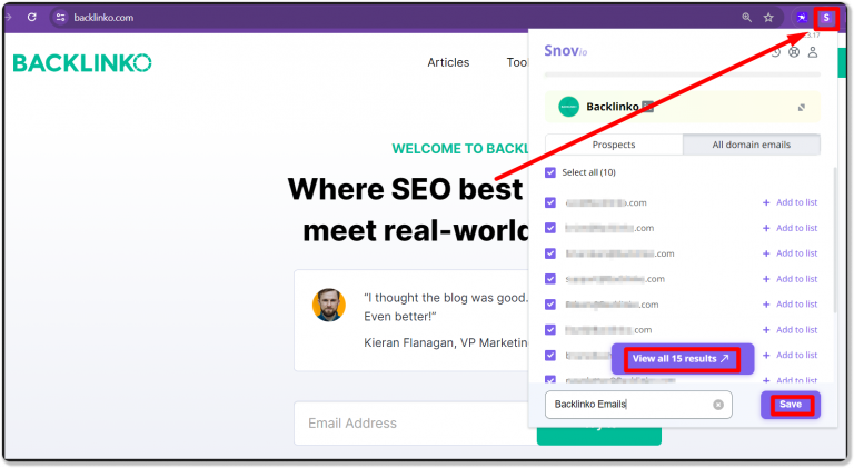 Snov.io 还提供邮箱地址查找工具扩展程序，可以在几秒钟内从任何商业网站获取联系信息。
