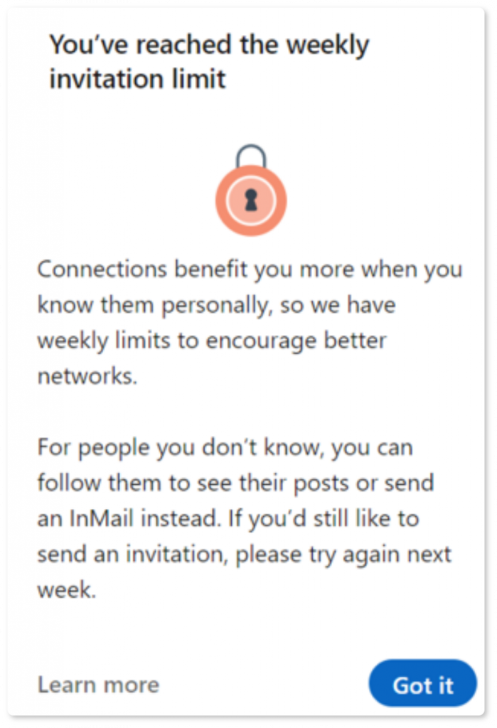 领英对连接请求有限制。一旦达到上限，您将无法在同一周内发送更多连接请求。