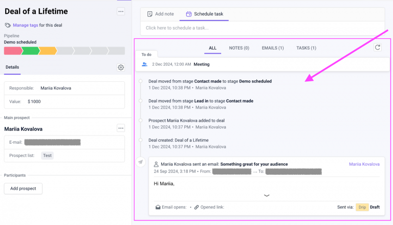 借助内置的 CRM 跟踪针对每个潜在客户采取的所有行动。