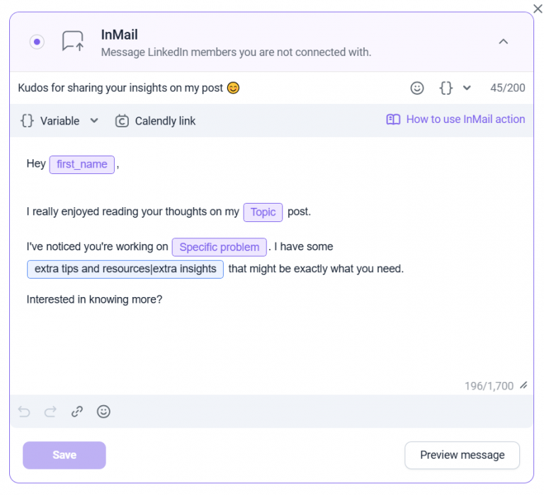 使用 Snov.io，您还可以为收件人个性化 InMail，以留下更好的第一印象。
