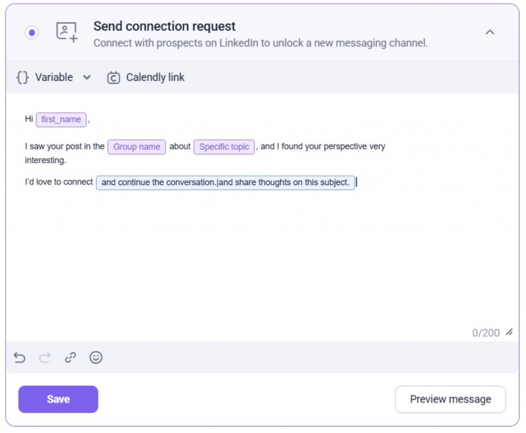Snov.io 提供高级个性化功能，让你可以大规模定制你的连接请求、消息和 InMail。