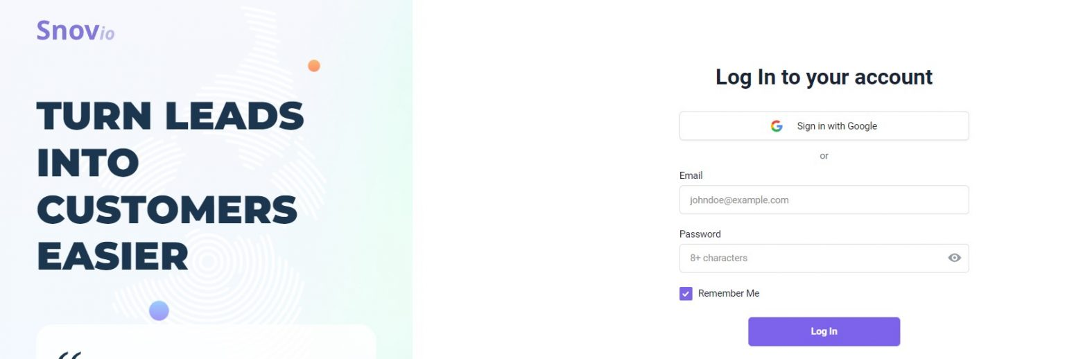 Snovio 名单收集工具登录界面