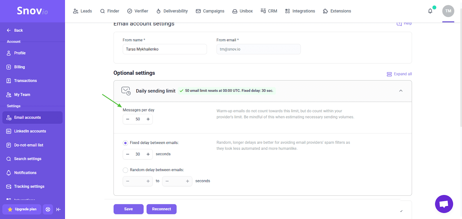 使用 Snov.io 设置电子邮件发送限制