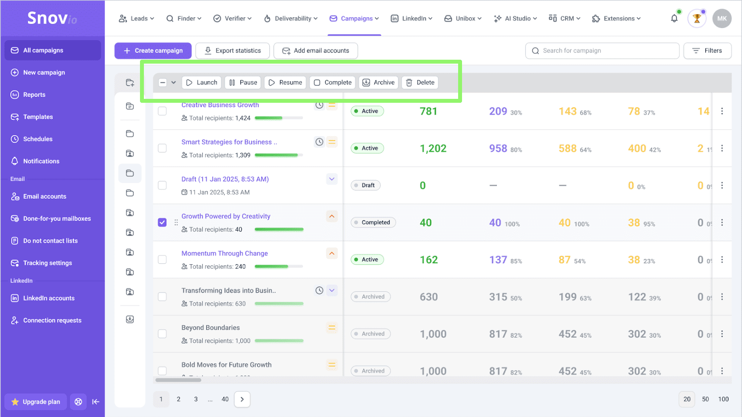 选择多个营销活动并同时进行操作。