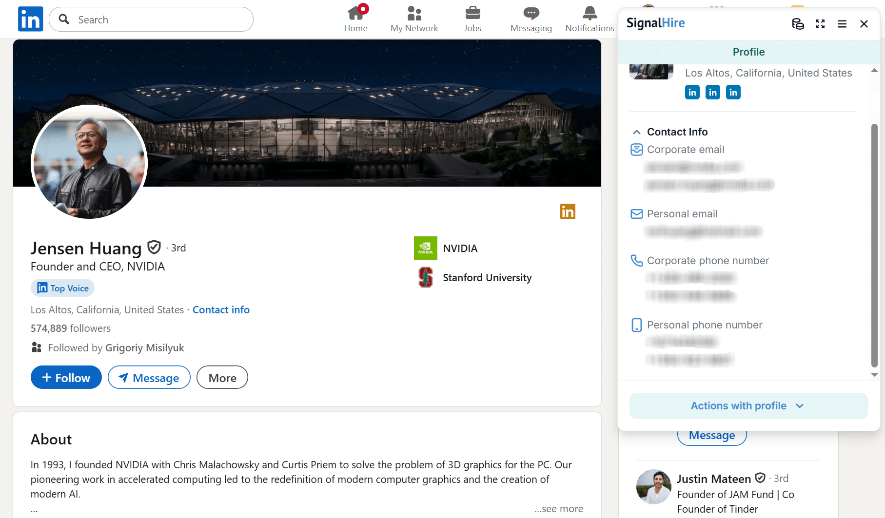 SignalHire 是一款招聘类 Chrome 扩展程序，可帮助查找与职业资料（包括 LinkedIn 页面）关联的联系方式。
