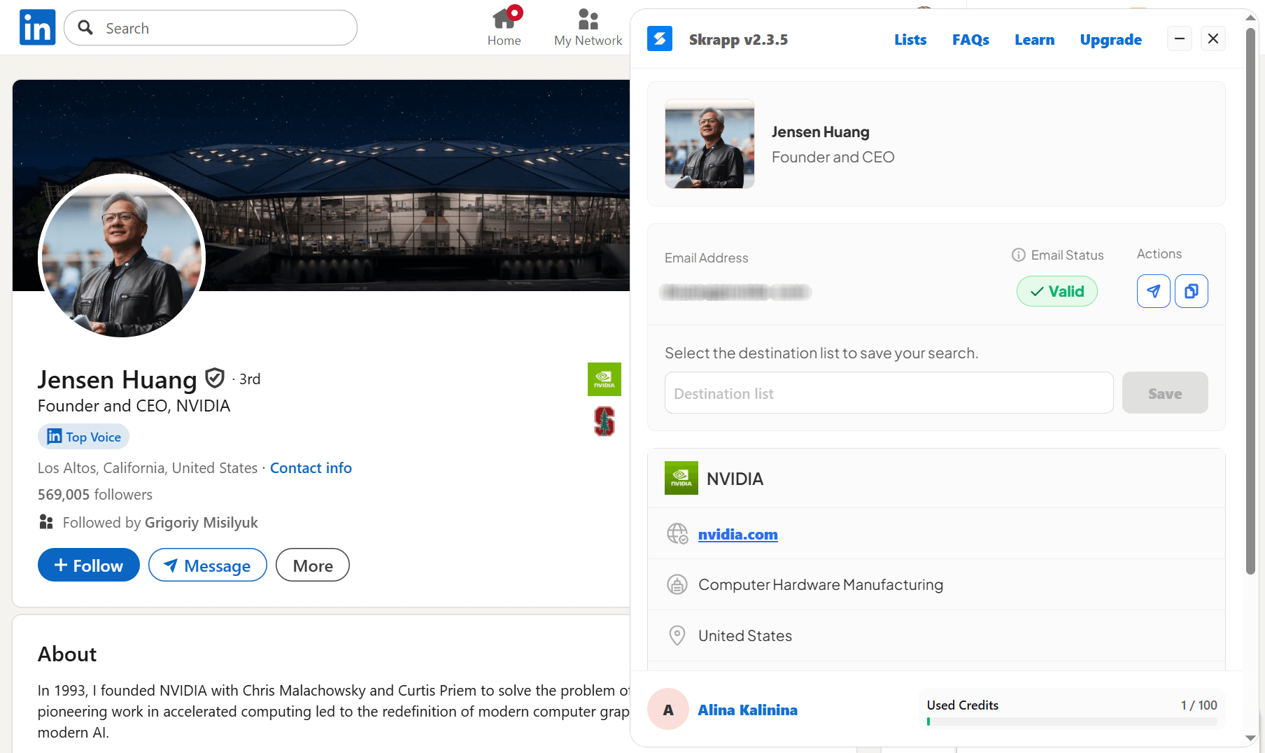 Skrapp 是一款 Chrome 扩展程序，可以从 LinkedIn 个人资料和 Sales Navigator 搜索结果中发现电子邮箱地址。