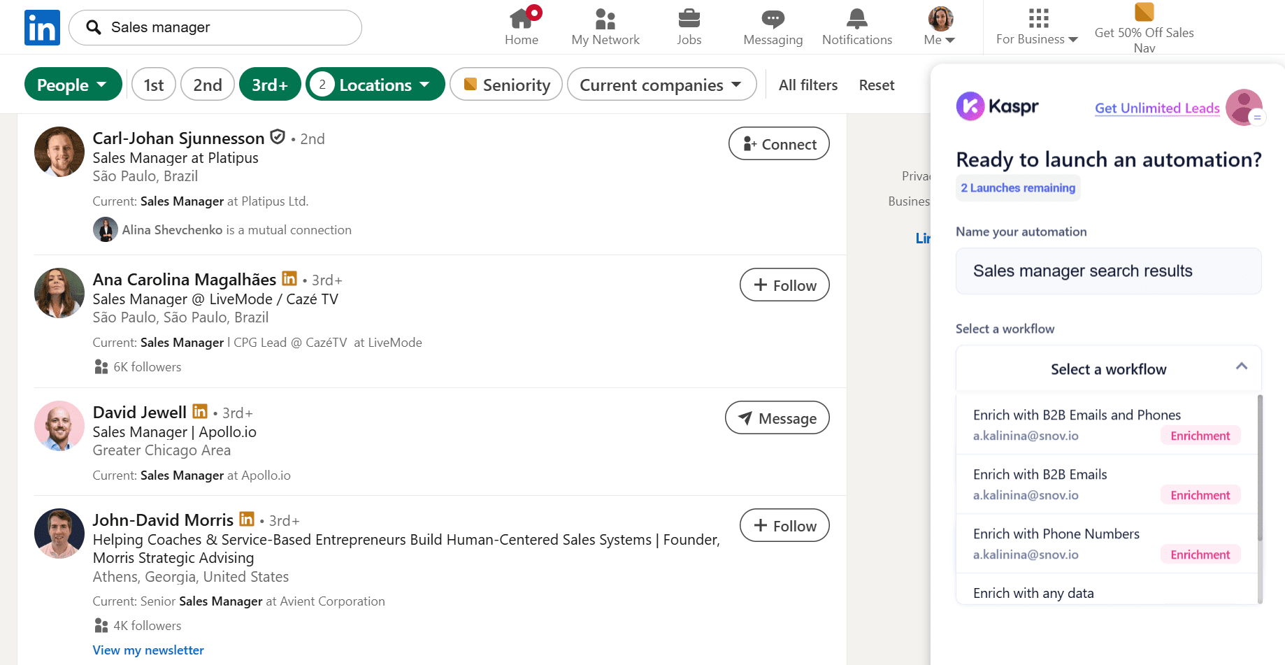 Kaspr 的 LinkedIn Chrome 扩展程序安装简便。