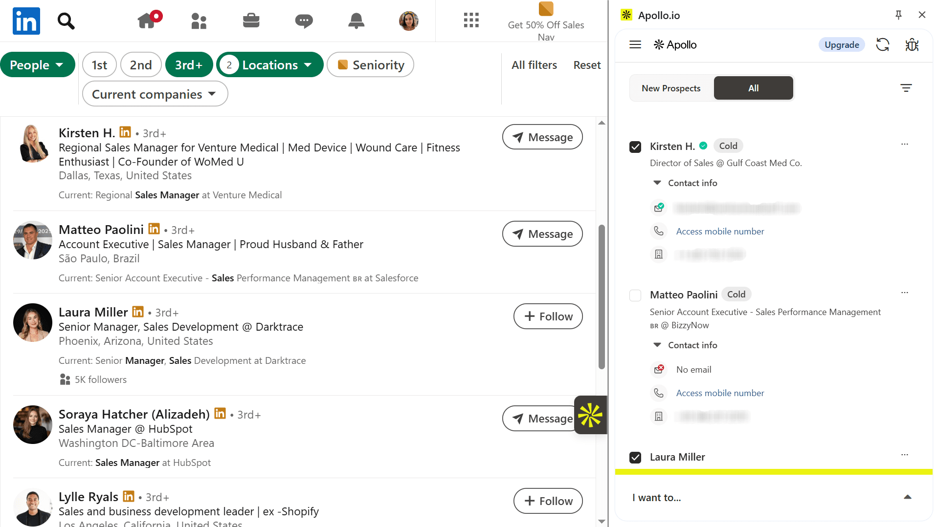 Apollo 的 LinkedIn 工具在搜索结果页面上也能快速运行。