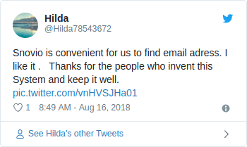 Hilda twitted - Snovio is convenient for us to find email address. I like it. Thanks for the people who invent this System and keep it well.